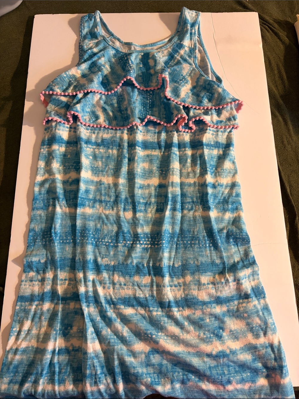 wonder nation Blue Tie-Dye Ruffle Tank with Pink Trim